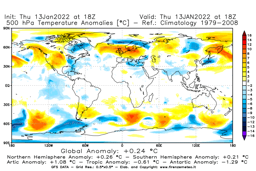 Mappa di analisi GFS - Anomalia Temperatura [°C] a 500 hPa in World
							del 13/01/2022 18 <!--googleoff: index-->UTC<!--googleon: index-->