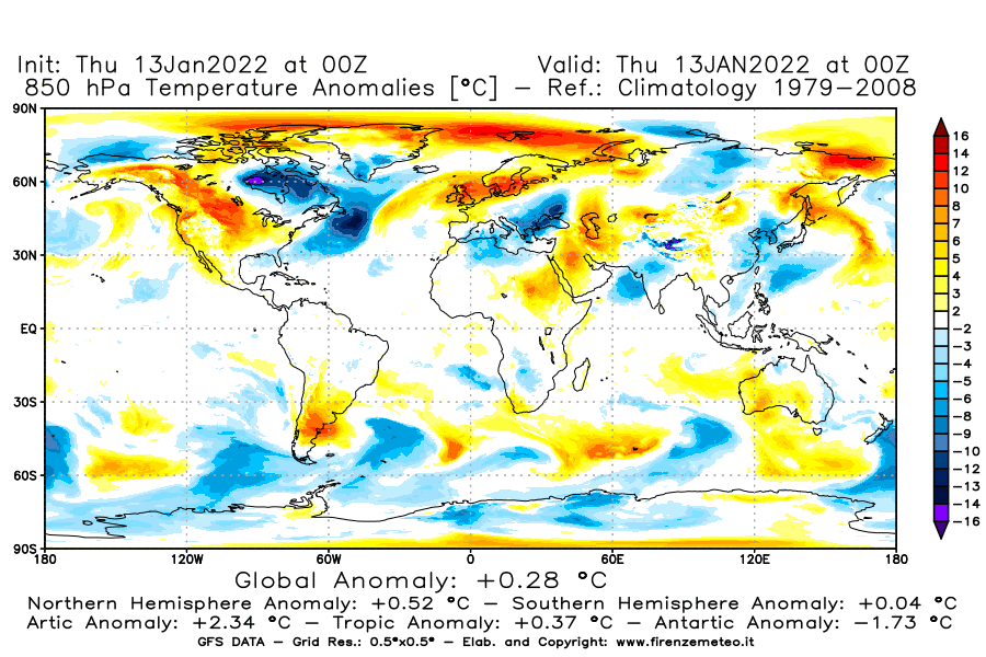 Mappa di analisi GFS - Anomalia Temperatura [°C] a 850 hPa in World
							del 13/01/2022 00 <!--googleoff: index-->UTC<!--googleon: index-->
