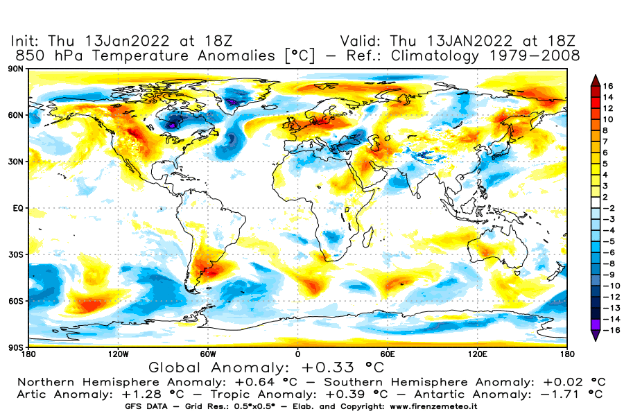 Mappa di analisi GFS - Anomalia Temperatura [°C] a 850 hPa in World
							del 13/01/2022 18 <!--googleoff: index-->UTC<!--googleon: index-->