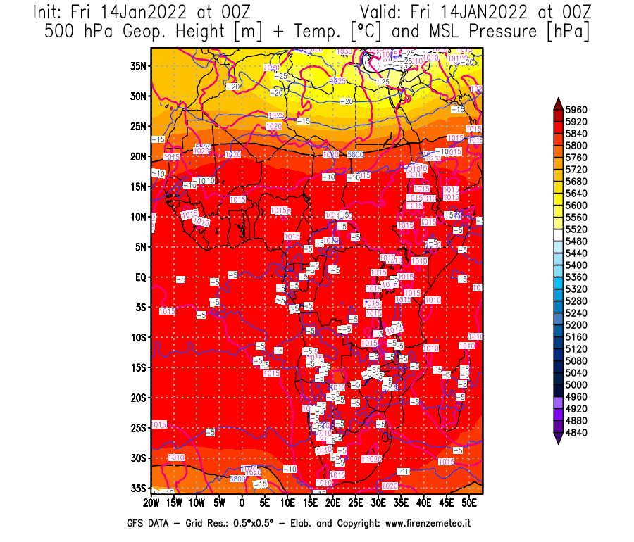 Mappa di analisi GFS - Geopotenziale [m] + Temp. [°C] a 500 hPa + Press. a livello del mare [hPa] in Africa
							del 14/01/2022 00 <!--googleoff: index-->UTC<!--googleon: index-->