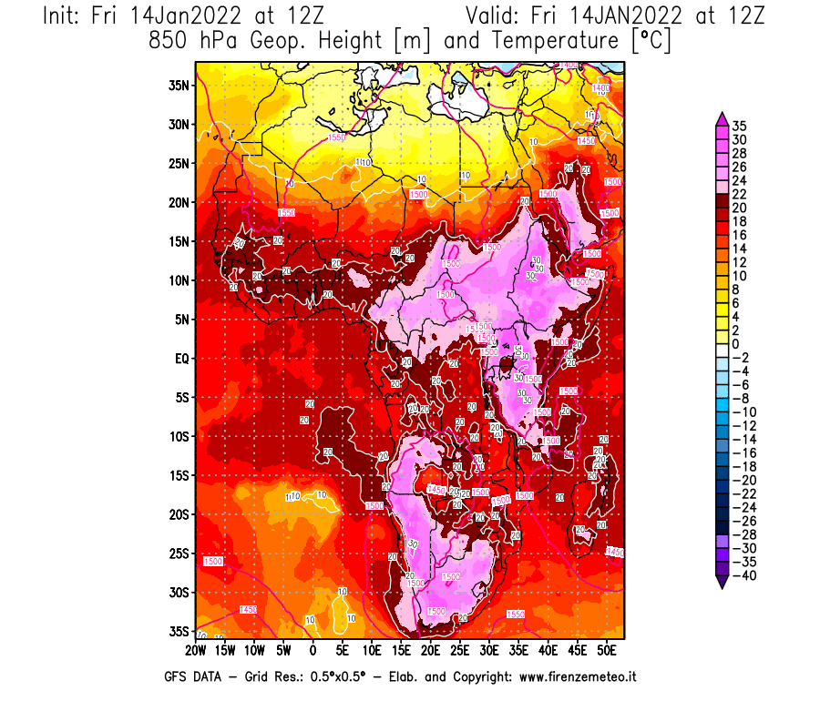 Mappa di analisi GFS - Geopotenziale [m] e Temperatura [°C] a 850 hPa in Africa
							del 14/01/2022 12 <!--googleoff: index-->UTC<!--googleon: index-->