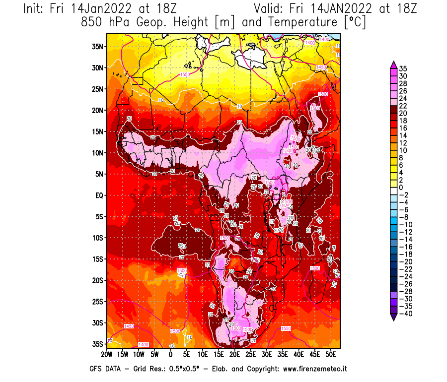 Mappa di analisi GFS - Geopotenziale [m] e Temperatura [°C] a 850 hPa in Africa
							del 14/01/2022 18 <!--googleoff: index-->UTC<!--googleon: index-->
