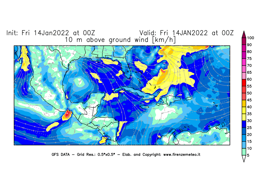 Mappa di analisi GFS - Velocità del vento a 10 metri dal suolo [km/h] in Centro-America
							del 14/01/2022 00 <!--googleoff: index-->UTC<!--googleon: index-->
