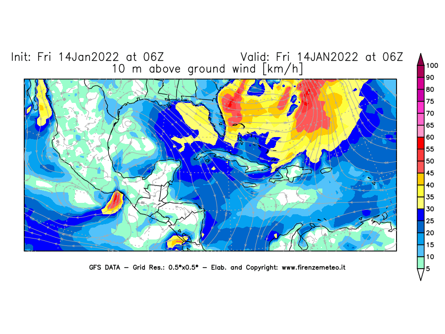 Mappa di analisi GFS - Velocità del vento a 10 metri dal suolo [km/h] in Centro-America
							del 14/01/2022 06 <!--googleoff: index-->UTC<!--googleon: index-->