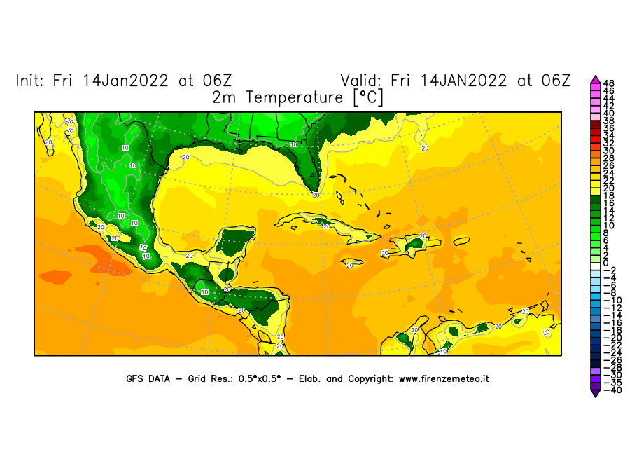 Mappa di analisi GFS - Temperatura a 2 metri dal suolo [°C] in Centro-America
							del 14/01/2022 06 <!--googleoff: index-->UTC<!--googleon: index-->