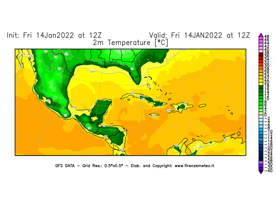 Mappa di analisi GFS - Temperatura a 2 metri dal suolo [°C] in Centro-America
							del 14/01/2022 12 <!--googleoff: index-->UTC<!--googleon: index-->