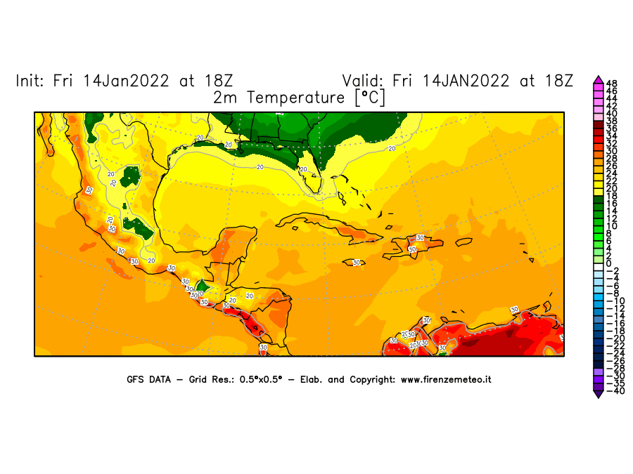 Mappa di analisi GFS - Temperatura a 2 metri dal suolo [°C] in Centro-America
							del 14/01/2022 18 <!--googleoff: index-->UTC<!--googleon: index-->