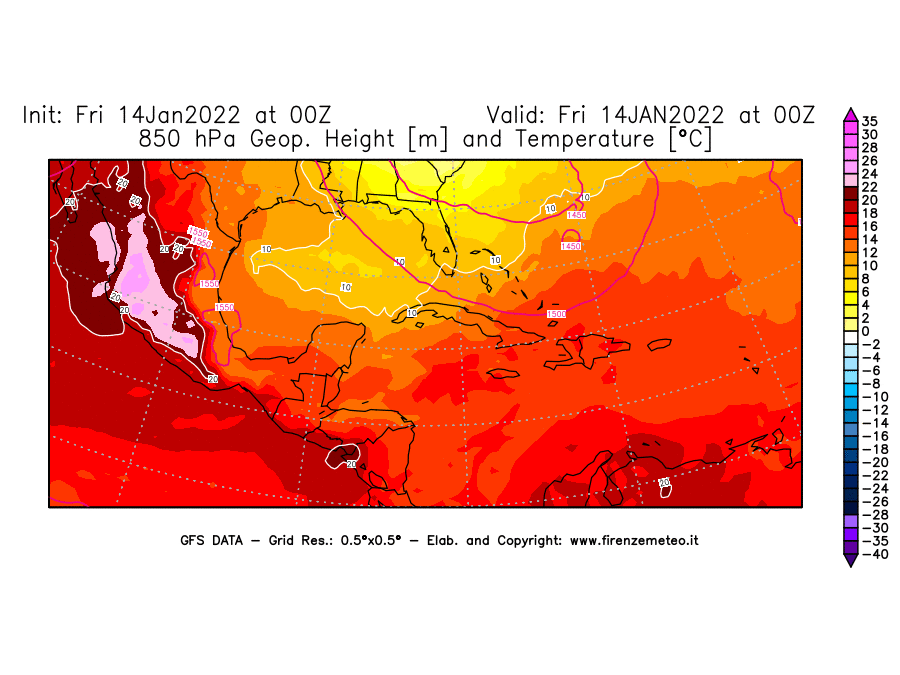 Mappa di analisi GFS - Geopotenziale [m] e Temperatura [°C] a 850 hPa in Centro-America
							del 14/01/2022 00 <!--googleoff: index-->UTC<!--googleon: index-->