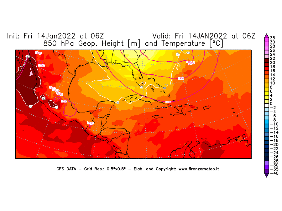 Mappa di analisi GFS - Geopotenziale [m] e Temperatura [°C] a 850 hPa in Centro-America
							del 14/01/2022 06 <!--googleoff: index-->UTC<!--googleon: index-->