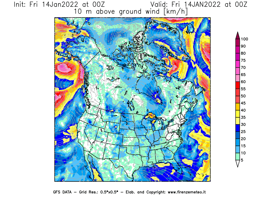 Mappa di analisi GFS - Velocità del vento a 10 metri dal suolo [km/h] in Nord-America
							del 14/01/2022 00 <!--googleoff: index-->UTC<!--googleon: index-->