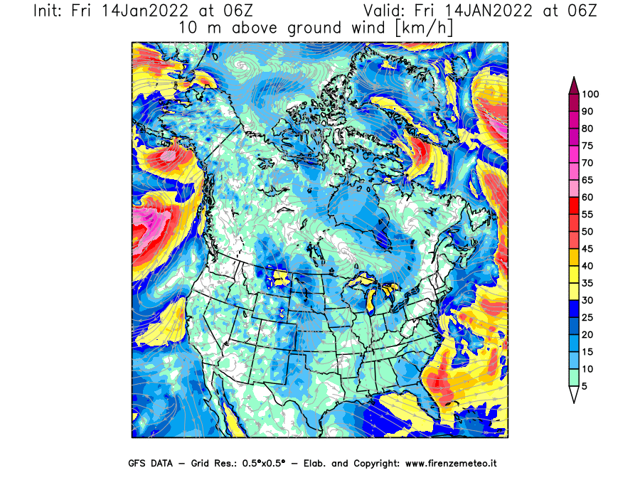 Mappa di analisi GFS - Velocità del vento a 10 metri dal suolo [km/h] in Nord-America
							del 14/01/2022 06 <!--googleoff: index-->UTC<!--googleon: index-->