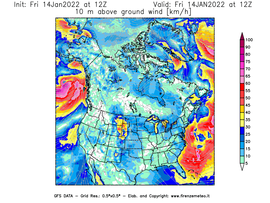 Mappa di analisi GFS - Velocità del vento a 10 metri dal suolo [km/h] in Nord-America
							del 14/01/2022 12 <!--googleoff: index-->UTC<!--googleon: index-->