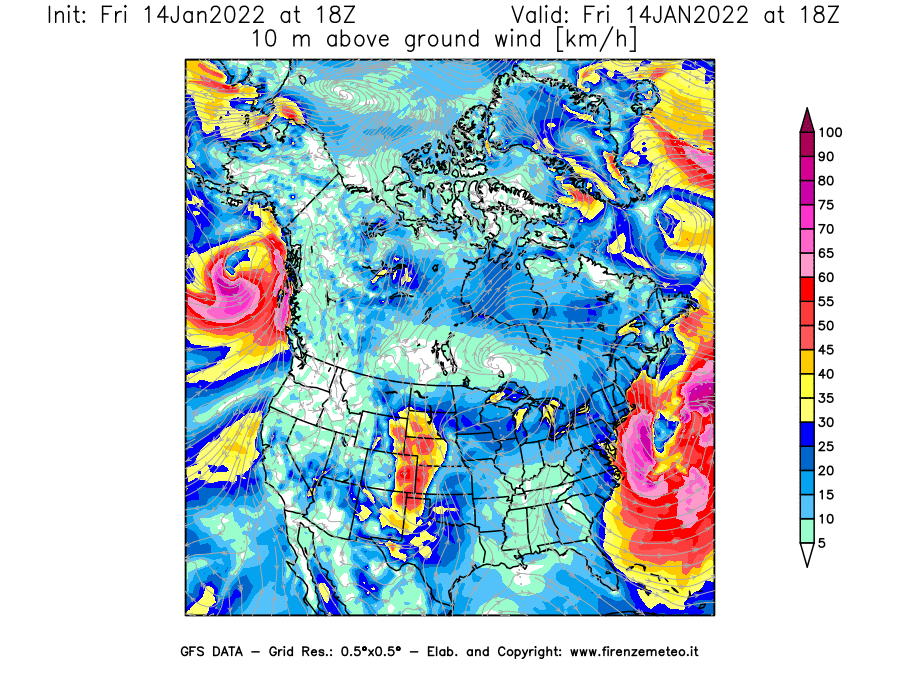 Mappa di analisi GFS - Velocità del vento a 10 metri dal suolo [km/h] in Nord-America
							del 14/01/2022 18 <!--googleoff: index-->UTC<!--googleon: index-->