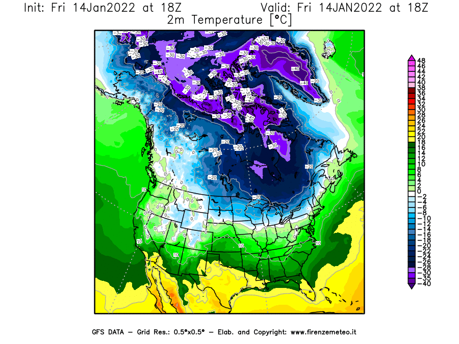 Mappa di analisi GFS - Temperatura a 2 metri dal suolo [°C] in Nord-America
							del 14/01/2022 18 <!--googleoff: index-->UTC<!--googleon: index-->