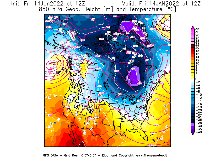 Mappa di analisi GFS - Geopotenziale [m] e Temperatura [°C] a 850 hPa in Nord-America
							del 14/01/2022 12 <!--googleoff: index-->UTC<!--googleon: index-->