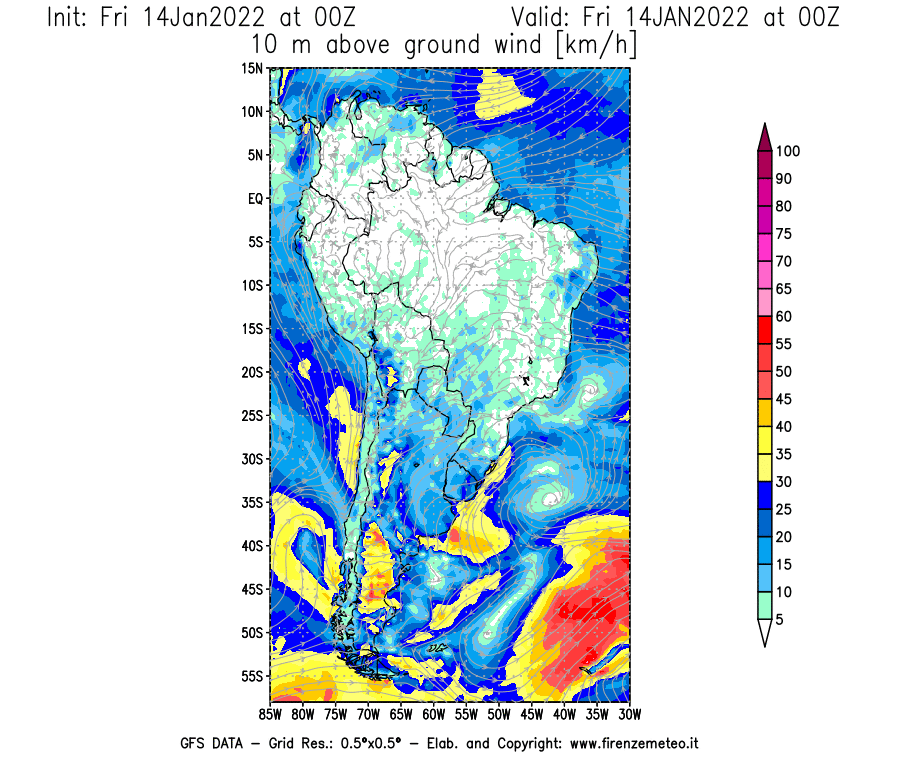 Mappa di analisi GFS - Velocità del vento a 10 metri dal suolo [km/h] in Sud-America
							del 14/01/2022 00 <!--googleoff: index-->UTC<!--googleon: index-->