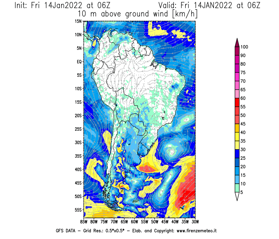 Mappa di analisi GFS - Velocità del vento a 10 metri dal suolo [km/h] in Sud-America
							del 14/01/2022 06 <!--googleoff: index-->UTC<!--googleon: index-->