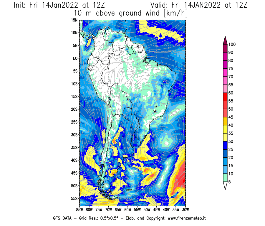 Mappa di analisi GFS - Velocità del vento a 10 metri dal suolo [km/h] in Sud-America
							del 14/01/2022 12 <!--googleoff: index-->UTC<!--googleon: index-->