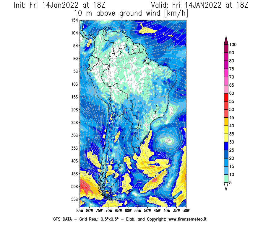 Mappa di analisi GFS - Velocità del vento a 10 metri dal suolo [km/h] in Sud-America
							del 14/01/2022 18 <!--googleoff: index-->UTC<!--googleon: index-->