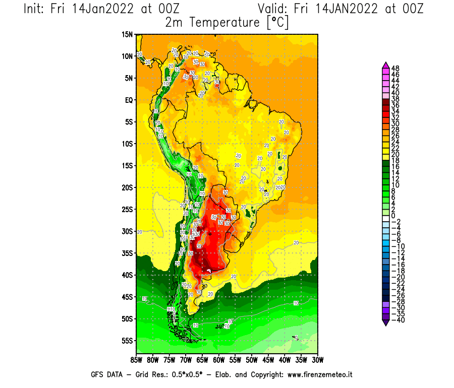 Mappa di analisi GFS - Temperatura a 2 metri dal suolo [°C] in Sud-America
							del 14/01/2022 00 <!--googleoff: index-->UTC<!--googleon: index-->