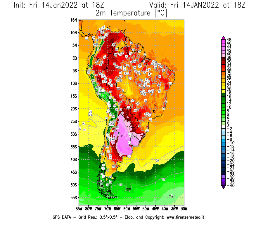 Mappa di analisi GFS - Temperatura a 2 metri dal suolo [°C] in Sud-America
							del 14/01/2022 18 <!--googleoff: index-->UTC<!--googleon: index-->
