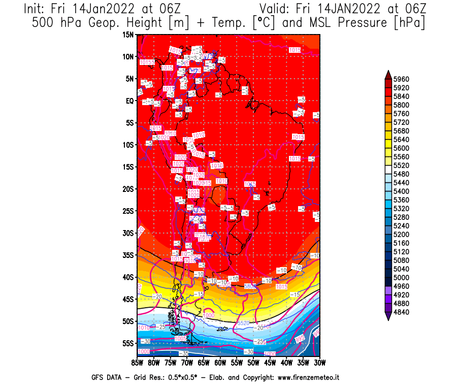 Mappa di analisi GFS - Geopotenziale [m] + Temp. [°C] a 500 hPa + Press. a livello del mare [hPa] in Sud-America
							del 14/01/2022 06 <!--googleoff: index-->UTC<!--googleon: index-->