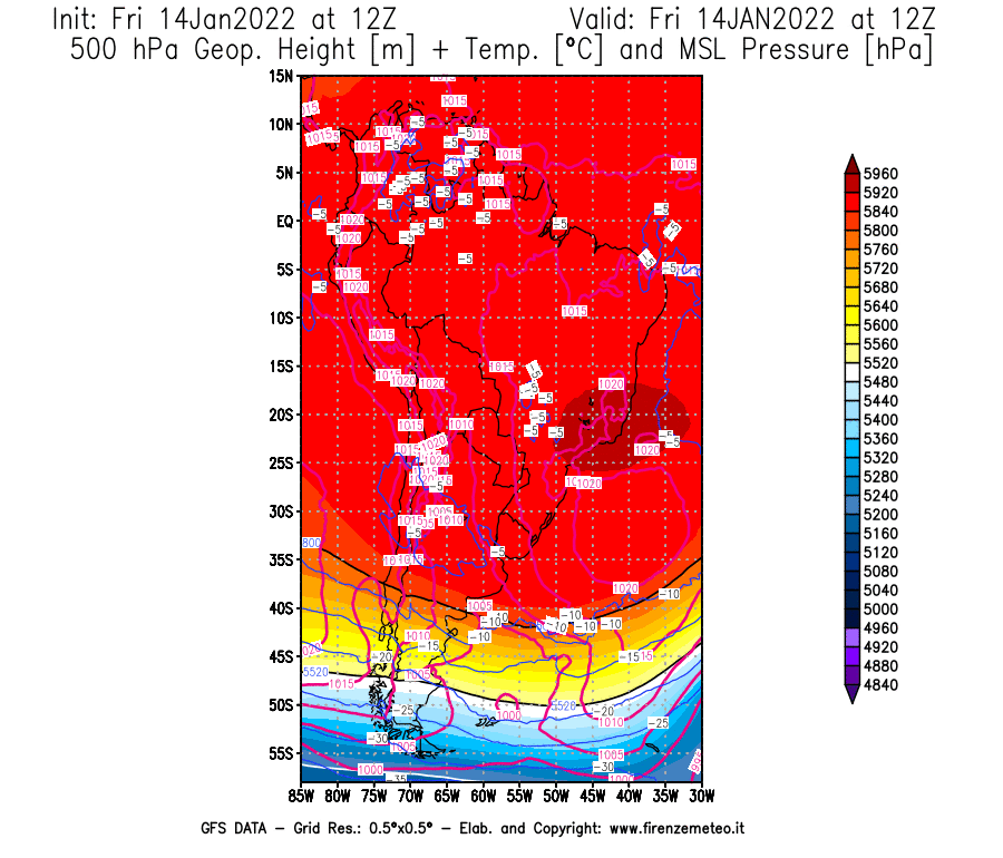 Mappa di analisi GFS - Geopotenziale [m] + Temp. [°C] a 500 hPa + Press. a livello del mare [hPa] in Sud-America
							del 14/01/2022 12 <!--googleoff: index-->UTC<!--googleon: index-->