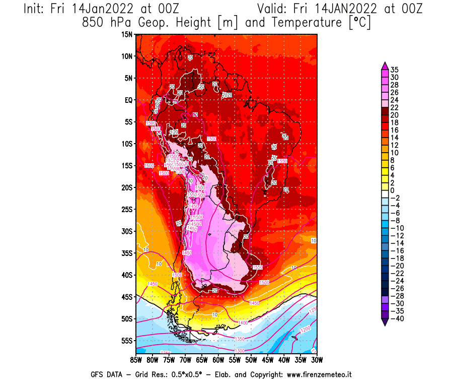Mappa di analisi GFS - Geopotenziale [m] e Temperatura [°C] a 850 hPa in Sud-America
							del 14/01/2022 00 <!--googleoff: index-->UTC<!--googleon: index-->