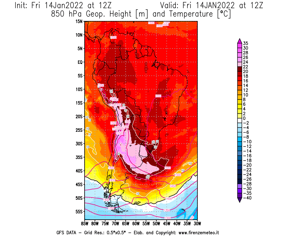 Mappa di analisi GFS - Geopotenziale [m] e Temperatura [°C] a 850 hPa in Sud-America
							del 14/01/2022 12 <!--googleoff: index-->UTC<!--googleon: index-->