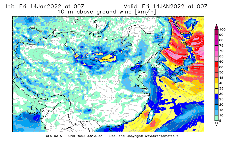 Mappa di analisi GFS - Velocità del vento a 10 metri dal suolo [km/h] in Asia Orientale
							del 14/01/2022 00 <!--googleoff: index-->UTC<!--googleon: index-->