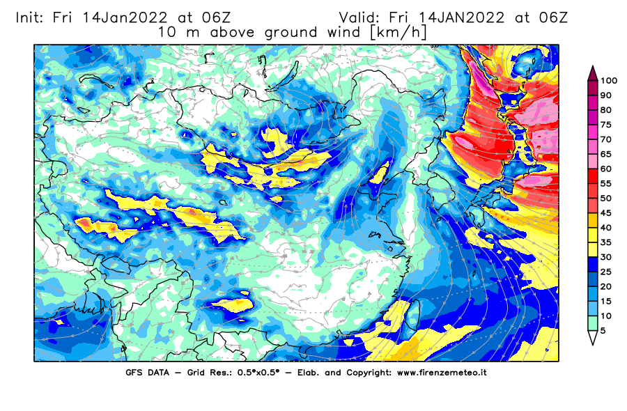 Mappa di analisi GFS - Velocità del vento a 10 metri dal suolo [km/h] in Asia Orientale
							del 14/01/2022 06 <!--googleoff: index-->UTC<!--googleon: index-->