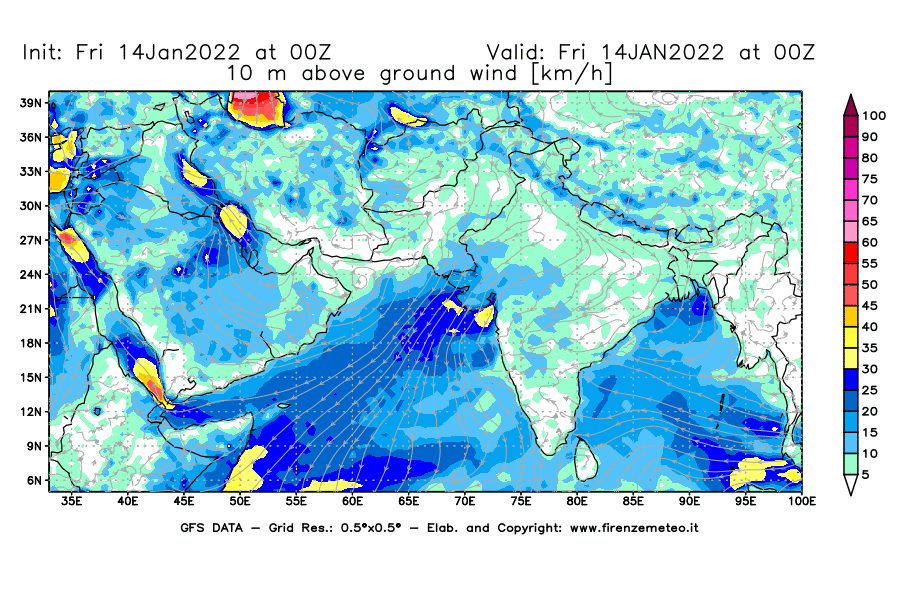 Mappa di analisi GFS - Velocità del vento a 10 metri dal suolo [km/h] in Asia Sud-Occidentale
							del 14/01/2022 00 <!--googleoff: index-->UTC<!--googleon: index-->