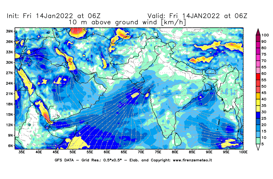 Mappa di analisi GFS - Velocità del vento a 10 metri dal suolo [km/h] in Asia Sud-Occidentale
							del 14/01/2022 06 <!--googleoff: index-->UTC<!--googleon: index-->