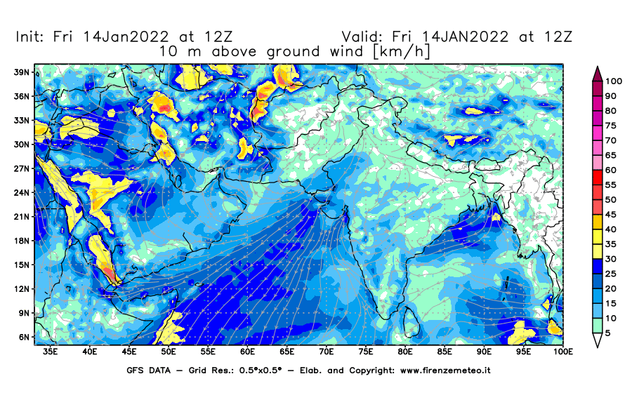 Mappa di analisi GFS - Velocità del vento a 10 metri dal suolo [km/h] in Asia Sud-Occidentale
							del 14/01/2022 12 <!--googleoff: index-->UTC<!--googleon: index-->