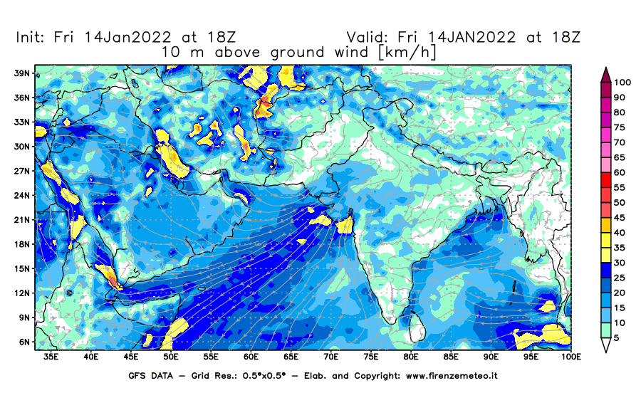 Mappa di analisi GFS - Velocità del vento a 10 metri dal suolo [km/h] in Asia Sud-Occidentale
							del 14/01/2022 18 <!--googleoff: index-->UTC<!--googleon: index-->