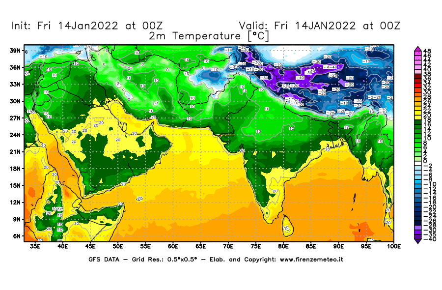 Mappa di analisi GFS - Temperatura a 2 metri dal suolo [°C] in Asia Sud-Occidentale
							del 14/01/2022 00 <!--googleoff: index-->UTC<!--googleon: index-->