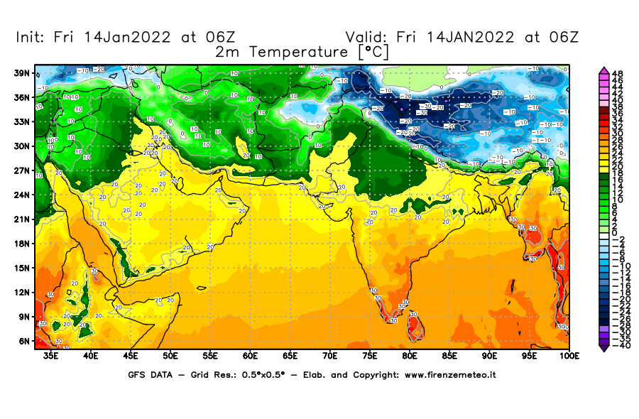 Mappa di analisi GFS - Temperatura a 2 metri dal suolo [°C] in Asia Sud-Occidentale
							del 14/01/2022 06 <!--googleoff: index-->UTC<!--googleon: index-->