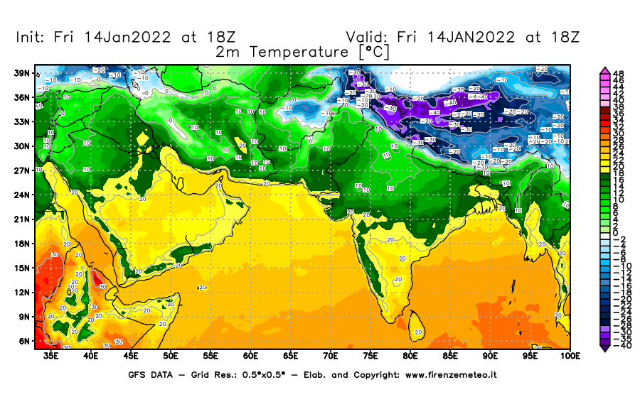Mappa di analisi GFS - Temperatura a 2 metri dal suolo [°C] in Asia Sud-Occidentale
							del 14/01/2022 18 <!--googleoff: index-->UTC<!--googleon: index-->
