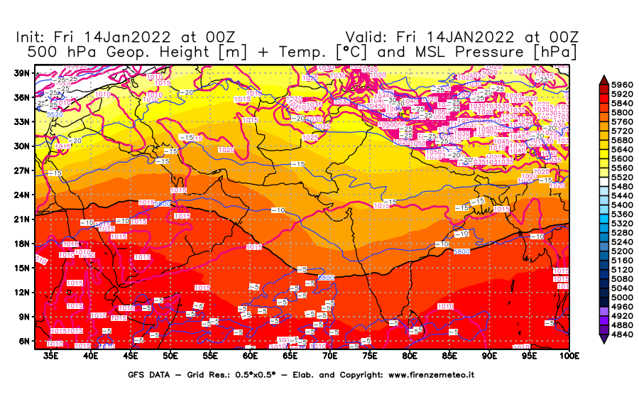 Mappa di analisi GFS - Geopotenziale [m] + Temp. [°C] a 500 hPa + Press. a livello del mare [hPa] in Asia Sud-Occidentale
							del 14/01/2022 00 <!--googleoff: index-->UTC<!--googleon: index-->
