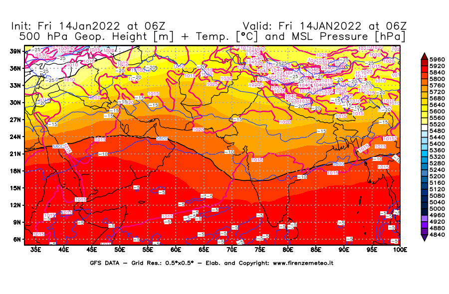 Mappa di analisi GFS - Geopotenziale [m] + Temp. [°C] a 500 hPa + Press. a livello del mare [hPa] in Asia Sud-Occidentale
							del 14/01/2022 06 <!--googleoff: index-->UTC<!--googleon: index-->