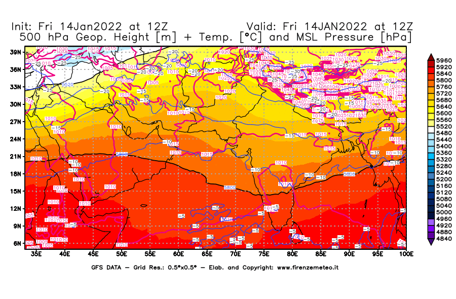Mappa di analisi GFS - Geopotenziale [m] + Temp. [°C] a 500 hPa + Press. a livello del mare [hPa] in Asia Sud-Occidentale
							del 14/01/2022 12 <!--googleoff: index-->UTC<!--googleon: index-->