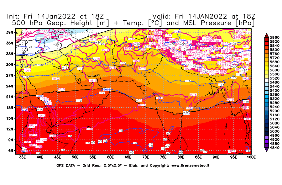 Mappa di analisi GFS - Geopotenziale [m] + Temp. [°C] a 500 hPa + Press. a livello del mare [hPa] in Asia Sud-Occidentale
							del 14/01/2022 18 <!--googleoff: index-->UTC<!--googleon: index-->