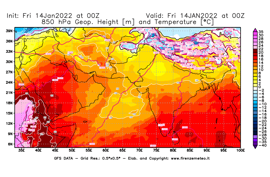 Mappa di analisi GFS - Geopotenziale [m] e Temperatura [°C] a 850 hPa in Asia Sud-Occidentale
							del 14/01/2022 00 <!--googleoff: index-->UTC<!--googleon: index-->