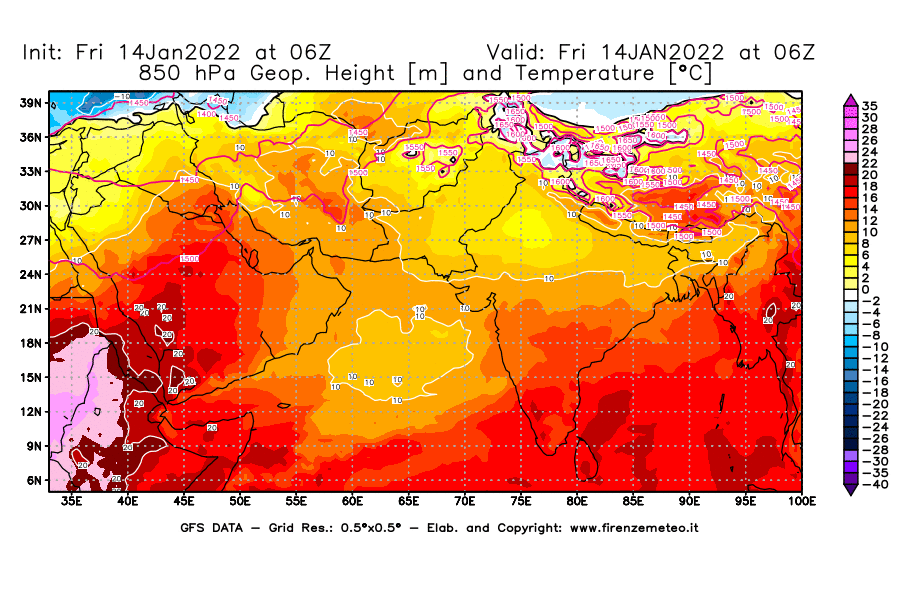 Mappa di analisi GFS - Geopotenziale [m] e Temperatura [°C] a 850 hPa in Asia Sud-Occidentale
							del 14/01/2022 06 <!--googleoff: index-->UTC<!--googleon: index-->