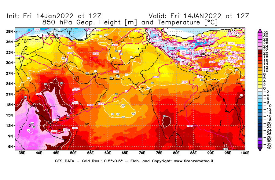 Mappa di analisi GFS - Geopotenziale [m] e Temperatura [°C] a 850 hPa in Asia Sud-Occidentale
							del 14/01/2022 12 <!--googleoff: index-->UTC<!--googleon: index-->