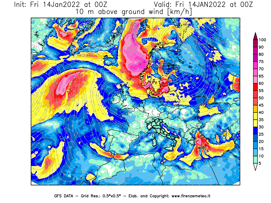 Mappa di analisi GFS - Velocità del vento a 10 metri dal suolo [km/h] in Europa
							del 14/01/2022 00 <!--googleoff: index-->UTC<!--googleon: index-->