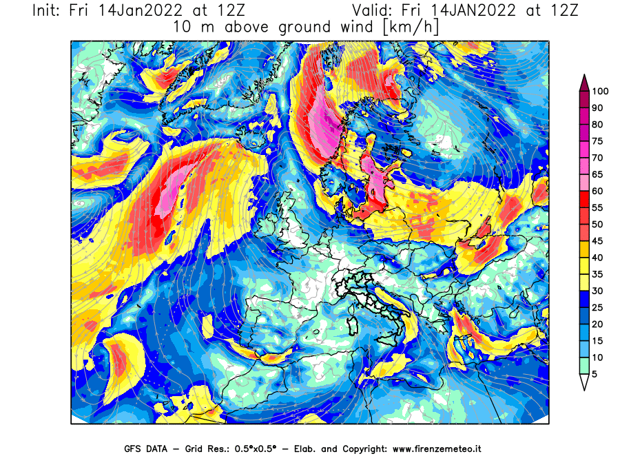 Mappa di analisi GFS - Velocità del vento a 10 metri dal suolo [km/h] in Europa
							del 14/01/2022 12 <!--googleoff: index-->UTC<!--googleon: index-->