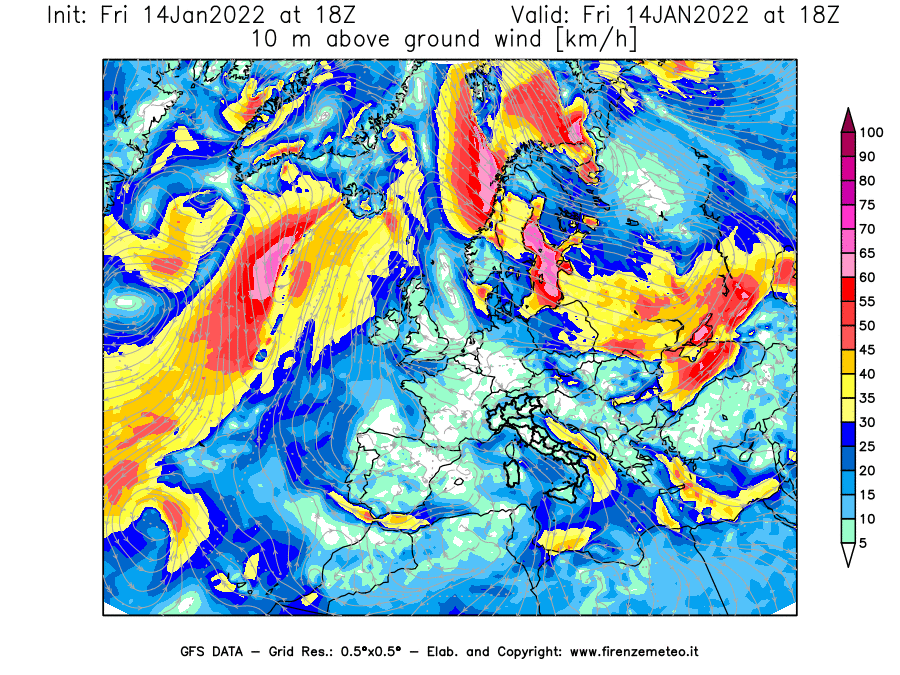 Mappa di analisi GFS - Velocità del vento a 10 metri dal suolo [km/h] in Europa
							del 14/01/2022 18 <!--googleoff: index-->UTC<!--googleon: index-->