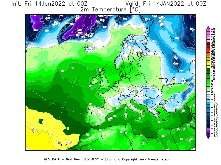 Mappa di analisi GFS - Temperatura a 2 metri dal suolo [°C] in Europa
							del 14/01/2022 00 <!--googleoff: index-->UTC<!--googleon: index-->