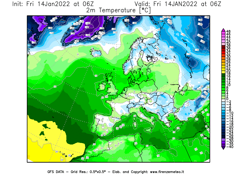 Mappa di analisi GFS - Temperatura a 2 metri dal suolo [°C] in Europa
							del 14/01/2022 06 <!--googleoff: index-->UTC<!--googleon: index-->